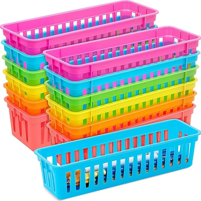 Domensi 12 Pack Slim Plastic Storage Baskets Tray for Organizing 10.25x3.25x2.5 Inch Small Narrow Storage Bins Stackable Drawer Pencil Trays Holder for Desk Garage Cabinet Container (Bright Color)