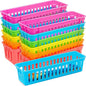 Domensi 12 Pack Slim Plastic Storage Baskets Tray for Organizing 10.25x3.25x2.5 Inch Small Narrow Storage Bins Stackable Drawer Pencil Trays Holder for Desk Garage Cabinet Container (Bright Color)