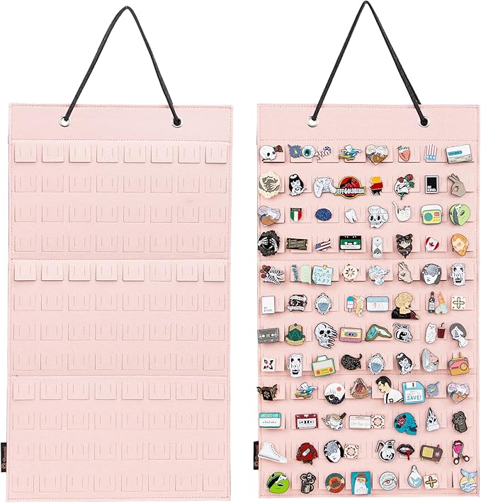 PACMAXI Hanging Brooch Pin Organizer, Display Pins Storage Case, Brooch Collection Storage Holder, Holds Up to 96 Pins.(Not Include Any Accessories) (S-96 Slots, Pink, Small)