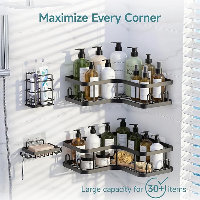 Veken Corner Shower Caddy 4-Pack, Advanced Rustproof Design, No Drilling Adhesive Shelves, Rack with Soap Holder, Large Capacity Bathroom Organizers and Storage, Wall-Mounted Kitchen&Home Decor,Black