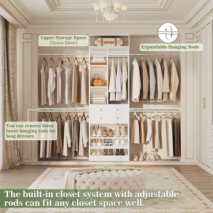 Besiost Closet System, 4.2–8.8 FT Closet Organizer with 2 Wooden Drawers and Shelves, Walk-in Closet System with 5 Hang Rods, Built-in Reach in Closet Tower, Can Fit 60 to 96 inch, White