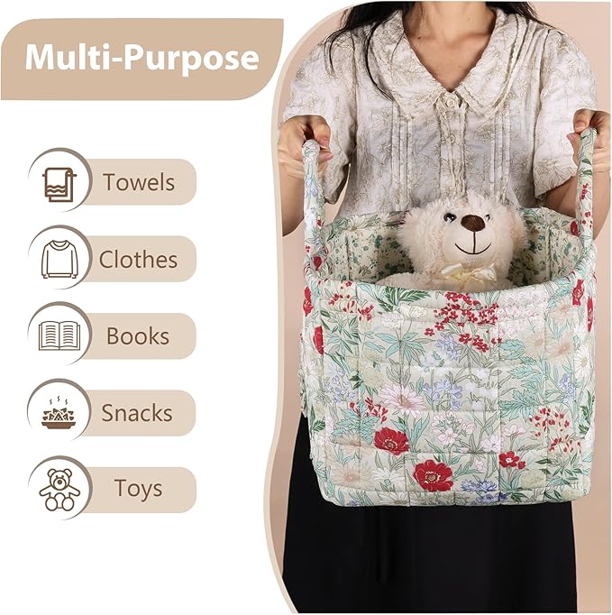 Storage Basket Boho Fabric Large Collapsible Floral Laundry Nursery Hamper Portable Folding Storage for Clothes Toys (Light Green B)