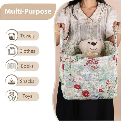 Storage Basket Boho Fabric Large Collapsible Floral Laundry Nursery Hamper Portable Folding Storage for Clothes Toys (Light Green B)