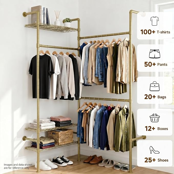 F2 Wall Mounted Closet System, Industrial Pipe Clothing Rack for Hanging Clothes, Heavy Duty Closet Organizer System, Clothes Racks with Shelves & Expandable Rod for Wardrobe, Corner, Gold