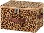 Storage Bins Boxes with Zipper Lid Leopard Print Cute Velvet Fabric Basket PU Leather Handles PP Plastic Board Foldable Washable Lidded Closet Shelf Organizer Container (Small Size)