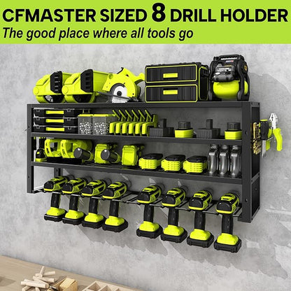 Large Power Tool Organizer Wall Mount,4 Layers 8 Drill Holder Heavy Duty Metal Cordless Tool Storage Loads 420lbs with Screwdriver Holder,Utility Racks for Garage, Workshop, Pegboard, Shed - 32 Inch