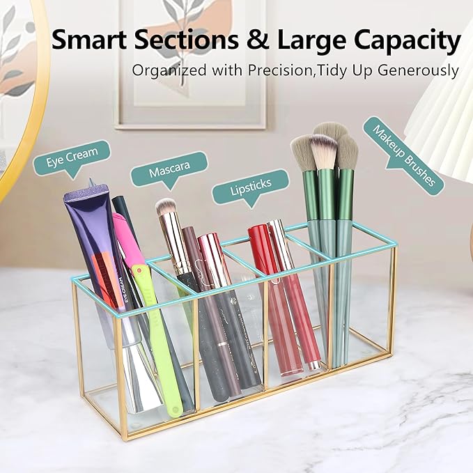 ELEGANTLIFE Clear Glass Makeup Brush Organizer,Luxurious Tempered Glass Cosmetics Brushes Storage Holder for Refined Bathroom Decor (Gold, 4 Sections)