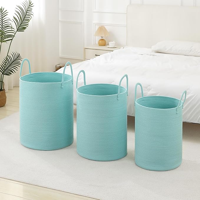 Laundry Basket Hamper Tall Rope Storage Woven for Blanket toys Dirty Clothes in Living Room Bathroom Bedroom (Cyan, 100L/26.4Gal)