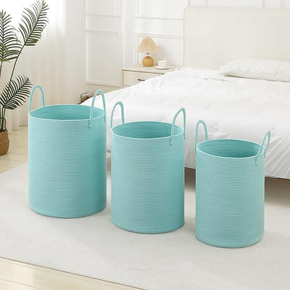 Laundry Basket Hamper Tall Rope Storage Woven for Blanket toys Dirty Clothes in Living Room Bathroom Bedroom (Cyan, 100L/26.4Gal)
