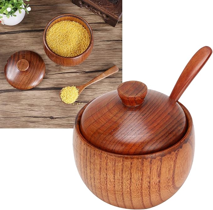 Wood Salt Cellar with Lid and Spoon, Wood Salt Container Box Small Spice Containers for Storing Seasonings, 3.5x2.4 Inches
