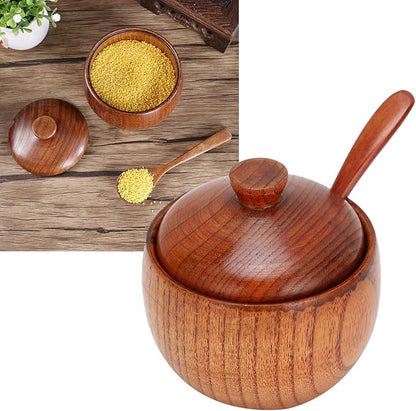 Wood Salt Cellar with Lid and Spoon, Wood Salt Container Box Small Spice Containers for Storing Seasonings, 3.5x2.4 Inches