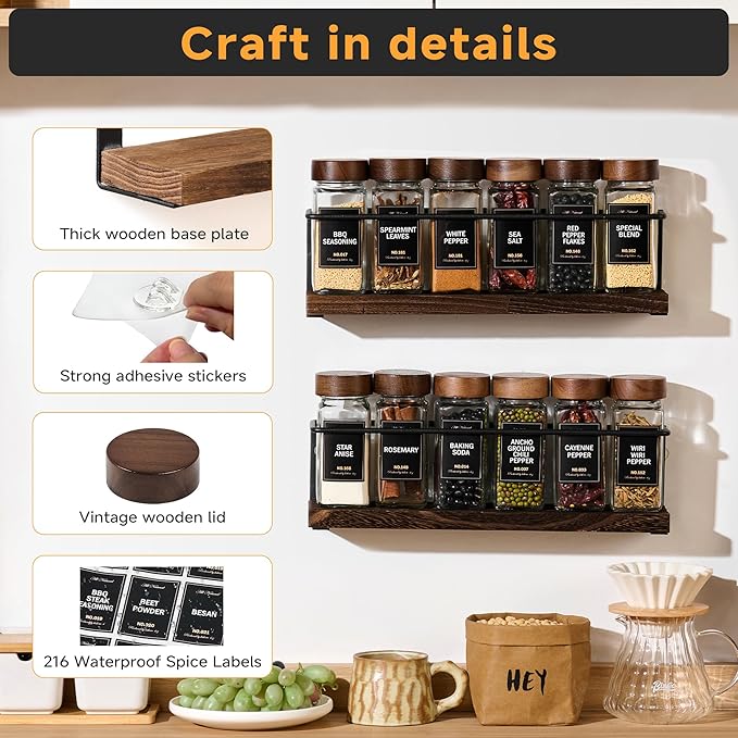 2-Tier Wall Mount Spice Rack Organizer with 12 Glass Jars, 216 Labels & Funnel - Screw/Adhesive Mount, Black Metal & Wood Spice Storage for Kitchen Pantry Cabinet, 11.6”W x 2.4”D x 3.2”H
