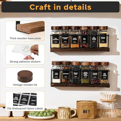 2-Tier Wall Mount Spice Rack Organizer with 12 Glass Jars, 216 Labels & Funnel - Screw/Adhesive Mount, Black Metal & Wood Spice Storage for Kitchen Pantry Cabinet, 11.6”W x 2.4”D x 3.2”H