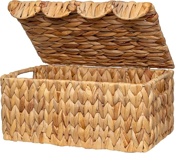 StorageWorks Wicker Basket with Scalloped Edge Lid, Handwoven Water Hyacinth Baskets for Bedroom, Living Room, 13" L x 9 ½" W x 6" H