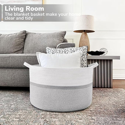 CHICVITA 85L Large Blanket Basket for Living Room, Woven Storage Baskets for Laundry Pillows Toys, Decorative Cotton Rope Basket with Handles for Bedroom Nursery, 22" x 22" x 14", Gray