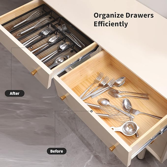 Drawer Organizer for Kitchen, Silverware Organizer Cutlery Tray Utensil holder with Interlocking Mesh Metal Flatware Storage Silver (6 pcs)