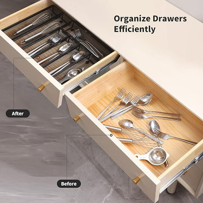 Drawer Organizer for Kitchen, Silverware Organizer Cutlery Tray Utensil holder with Interlocking Mesh Metal Flatware Storage Silver (6 pcs)