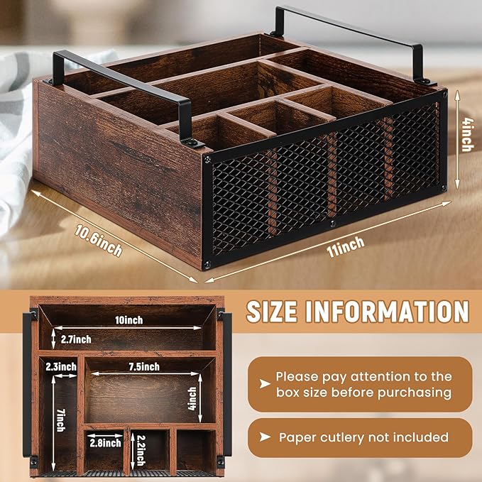 Mimorou Wooden Napkin Paper Plate and Utensil Holder Caddy for Party Kitchen Counter Cutlery Flatware Organizer for Utensil Caddy Cups Spoon Forks Napkins, Kitchen Accessories(Dark Wood Color)