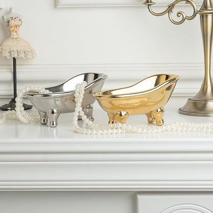 5.6" Ceramic Mini Bathtub Soap Dish Decortative Clawfoot Bathroom Soap Dish (Silver)