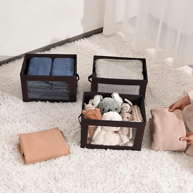 Homsorout Stackable Storage Bins with Lids - Medium Storage Box with Lids, Foldable Closet Boxes for Organizing, Wardrobe Clothes Organizer with Window, Cubes Bins for Living Room, 5 Pack, Brown