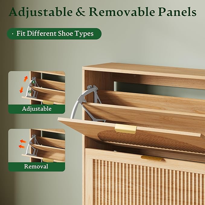 Xixini Shoe Storage Cabinet with 2 Flip Drawers, 36" Tall Narrow Wood Fluted Shoe Organizer for Entryway, Freestanding Wooden Hidden Slim Shoe Rack for Front Door Entrance, Hallway, Foyer, Natural Oak