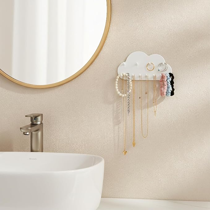 6 Pcs White Cloud Wall Jewelry Organizer, Jewelry Holder Wall for Necklaces & Earrings (5.71 × 2.95 in)