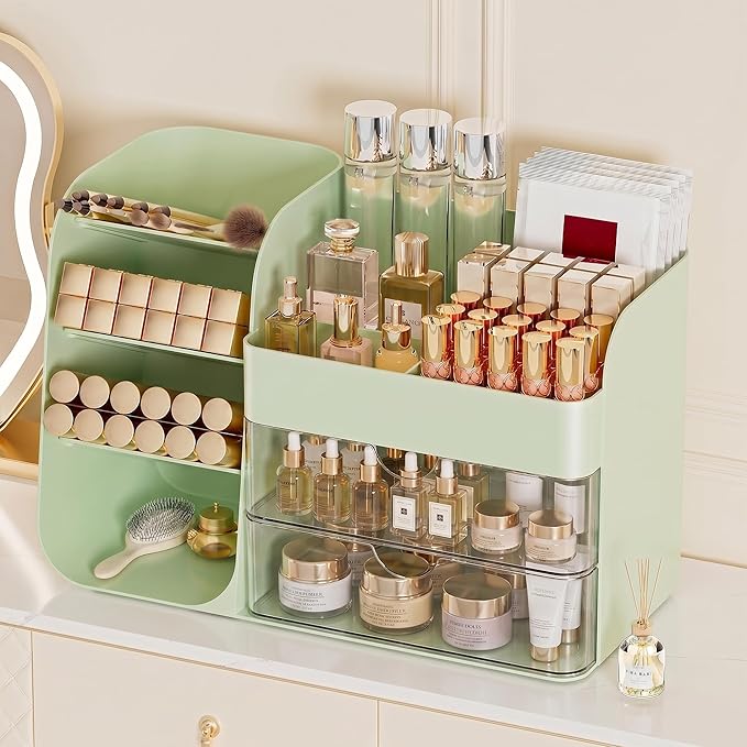 Booklov Makeup Organizer for Vanity, Countertop Cosmetic Display Case with Clear Acrylic Drawers, Bathroom Counter Beauty Caddy, Cute Table Storage Holder for Skincare, Brush Lipsticks, Crystal Green