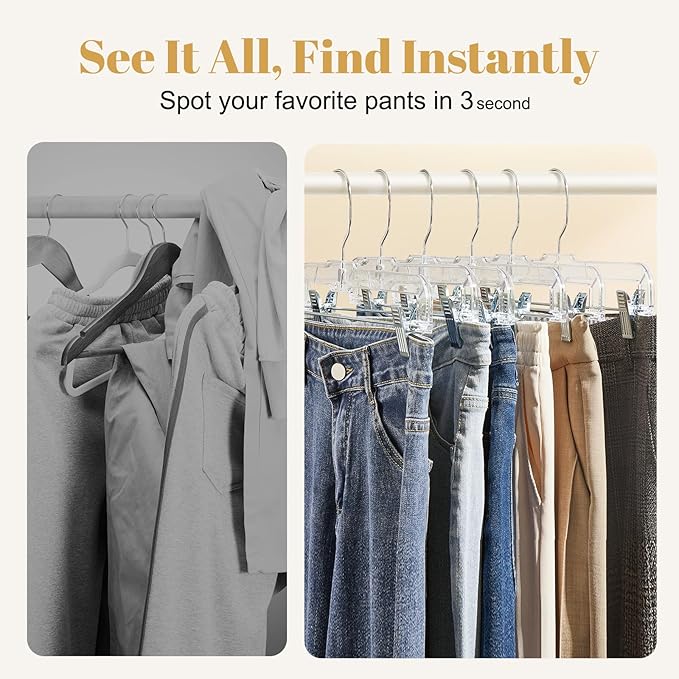 HOUSE DAY 50 Pack Skirt Hangers Pant Hangers with Clips, Clear Plastic Hangers for Pants, Skirts, Shorts, Versatile Use Clip Hanger, Retail Hanger