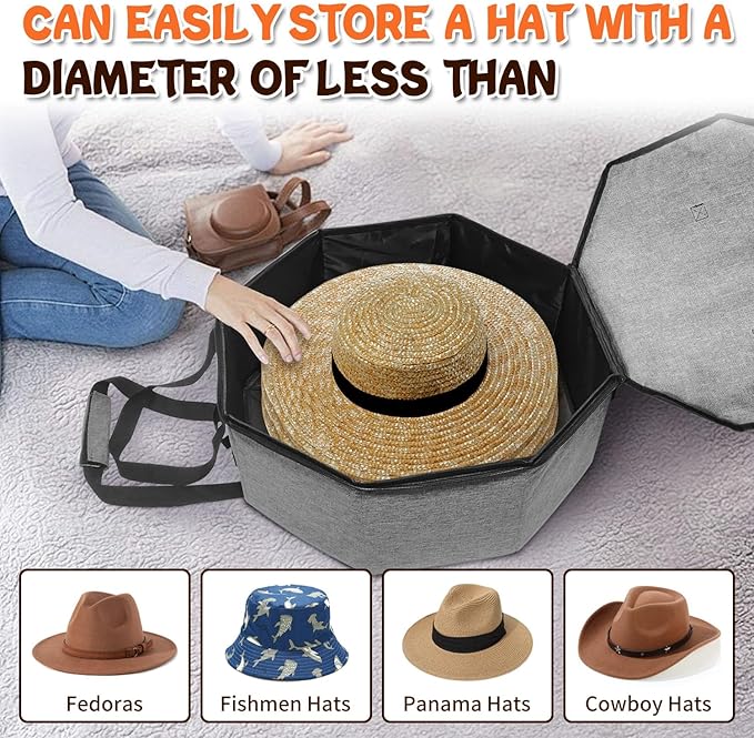 Boczif Hat Storage Box for Women and Men, Hat Storage bag for Travel Collapsible, Cowboy Hat Case with Handle, Hat Organizer Container Large Cap Bag for Carry (Grey)
