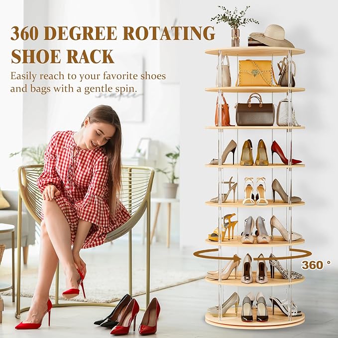 TAKEKIT 7-Tier Rotating Shoe Rack, 360 Degree Spinning Shoe Rack Tower, Lazy Susan Storage Tower Made of Acrylic and Wood, Round Rotating Organizer Shelf for Closet, Entryway and Bedroom