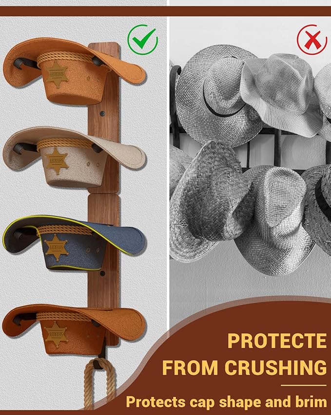Midukit Cowboy Hat Rack for Wall, Cowboy Hat Holder for 4 with Hooks,Wooden Rustic Metal Hanger for Wall with Pine Board,Western Baseball Hat Rack Holder for Fedora, Sun Hats (4 Hats)