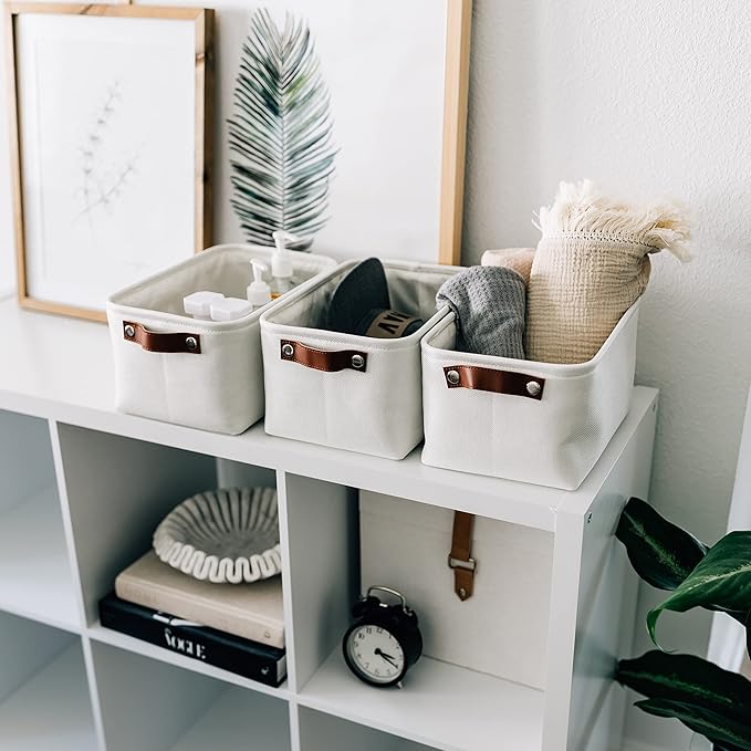 OrganiHaus 12x8in Canvas Storage Baskets 3 Pack | SMALL Fabric Bins for Shelves | Pantry & Bathroom Organizer | Full Off-White