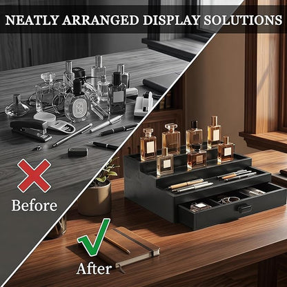 Wooden Cologne Organizer for Men 3 Tier Perfume Stand Organizer with Drawer and Hidden Compartment Cologne Display Riser Shelf Holder for Dresser Figures Fragrances Skincare Makeup Storage (Black)