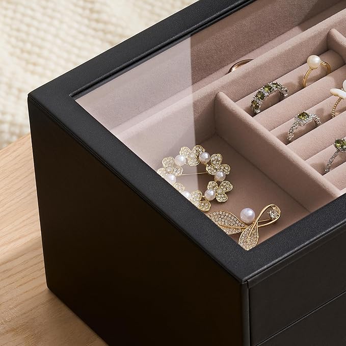 pickpiff Jewelry Box Organizer Case for Women: 3-Layer Jewelry Storage Case with Glass Window, Black Leather with Blush Velvet, Holder for Ring Necklace Bracelet Brooch Watch, Great Gift for Her