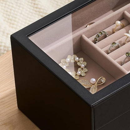 pickpiff Jewelry Box Organizer Case for Women: 3-Layer Jewelry Storage Case with Glass Window, Black Leather with Blush Velvet, Holder for Ring Necklace Bracelet Brooch Watch, Great Gift for Her