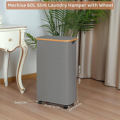 Slim Laundry Basket with Wheels,Narrow Hampers for Laundry, Laundry Hamper with Lid&Bamboo Handles,Dirty Clothes Hamper for for Bathroom Bedroom Dorm, 60L Grey