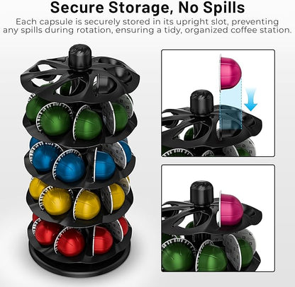 EVERIE Coffee Pod Holder for Nespresso Vertuo Capsules, 40-Pod Rotating Carousel Organizer, Space-Saving Countertop Display, Smooth Spin & Secure Upright Slots, Fits All Vertuo Sizes (Black)