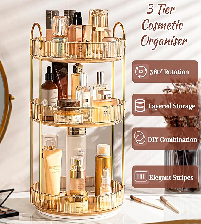 Skincare Organizers 360 Rotating, 3 Tier Round Makeup Organizer Countertop,Holder Rack Large Spinning Cosmetics Display Cases, Perfume Beauty Storage for Vanity, Countertop, Bathroom (Gold-3 Tier)