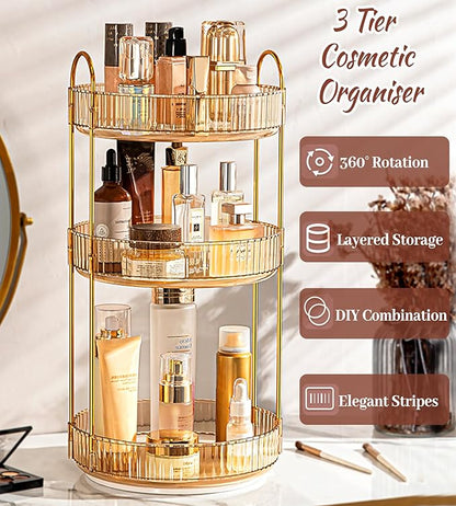 Skincare Organizers 360 Rotating, 3 Tier Round Makeup Organizer Countertop,Holder Rack Large Spinning Cosmetics Display Cases, Perfume Beauty Storage for Vanity, Countertop, Bathroom (Gold-3 Tier)