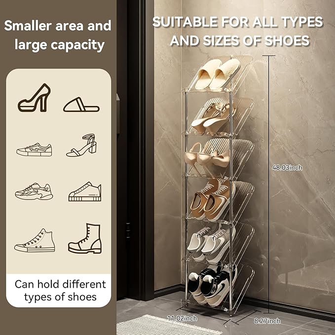 YYW Narrow Shoe Rack Vertical Shoes Rack for Entryway Corner Shoe Storage Organizer for Small Spaces Transparently Tall Slim Shoe Shelf for Front Door Entrance Living Room White 6 Layers