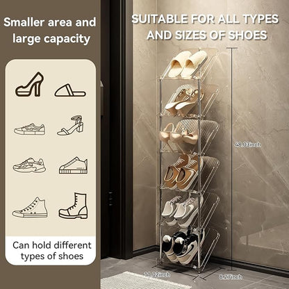 YYW Narrow Shoe Rack Vertical Shoes Rack for Entryway Corner Shoe Storage Organizer for Small Spaces Transparently Tall Slim Shoe Shelf for Front Door Entrance Living Room White 6 Layers