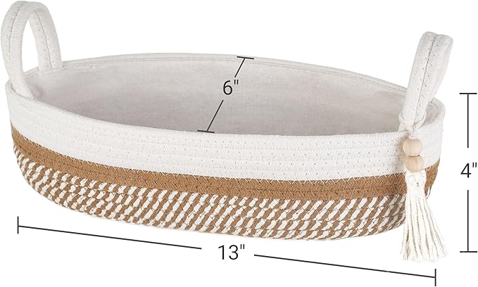 Mkono Small Storage Basket for Toilet Tank Top Boho Bathroom Decor Woven Rope Toilet Paper Tray Organizer for Shelf Bedroom Living Room, White and Brown, 13" L x 6" W