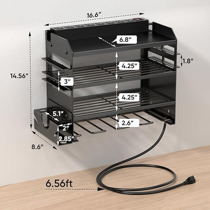 POKIPO Power Tool Organizer Wall Mount with Charging Station,Tool Storage Rack with 8 Outlet Power Strip,Heavy Duty Metal Battery Utility Rack with 4 Cordless Drill Holder 6.56 Ft Cord for Garage
