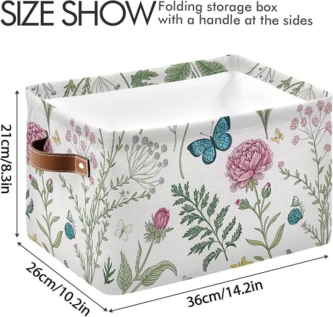 Kigai Herb and Wild Flowers Storage Basket Collapsible Rectangle Storage Bin Shelves Basket Organizer with Leather Handle for Closet, Office, Nursery, Home Decor