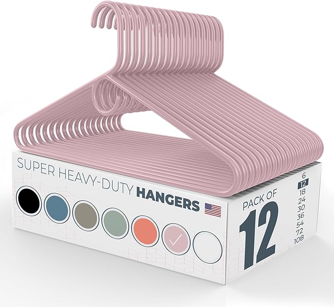 Super Heavy Duty Clothes Hangers 12 Pack – Made in the USA - 10lb Capacity, Thick Plastic Hangers for Pants, Coats, Jackets, Jeans and Adult Clothing – Pink