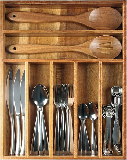 KITEISCAT Acacia Wood Silverware Organizer, Kitchen Utensil Drawer Organizer for Forks & Spoons, 7-Compartment Cutlery Tray, Flatware Holder