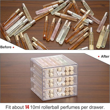 ELLDOO Rollerball Perfume Organizer with 3 Drawer, Clear Acrylic Perfume Storage Holder Beauty Scent Holder, Makeup Lipgloss Lipstick Display Case Office Supplies Box