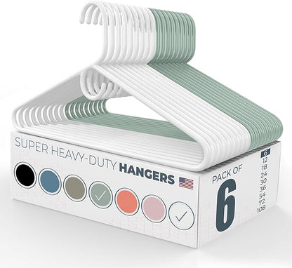 Super Heavy Duty Clothes Hangers 6 Pack – Made in the USA - 10lb Capacity, Thick Plastic Hangers for Pants, Coats, Jackets, Jeans and Adult Clothing – White & Mint