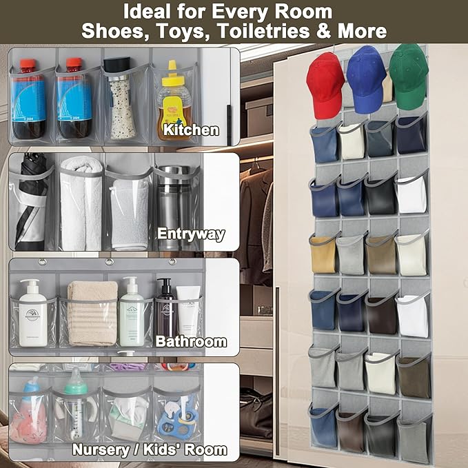 Over The Door Shoe Organizer - Space Saving Shoe Rack for Closet Door with 24 Crystal Clear Pockets and Metal Hooks, Shoe Holder Back of Door Organizers for Shoes, Gray Hanging Shoe Organizer (Gray)