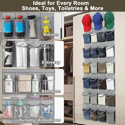 Over The Door Shoe Organizer - Space Saving Shoe Rack for Closet Door with 24 Crystal Clear Pockets and Metal Hooks, Shoe Holder Back of Door Organizers for Shoes, Gray Hanging Shoe Organizer (Gray)